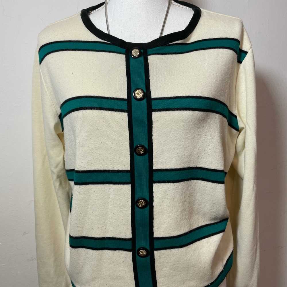 Cream and emerald green pull over sweater large gold and black buttons